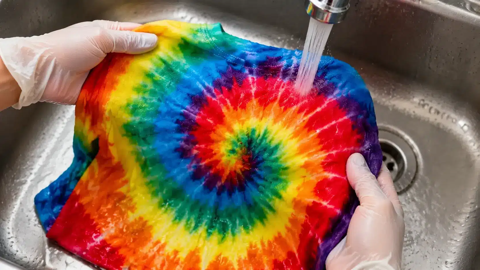 Tie-dye shirt being rinsed under running water in a sink, revealing a bright rainbow spiral pattern after dye setting.