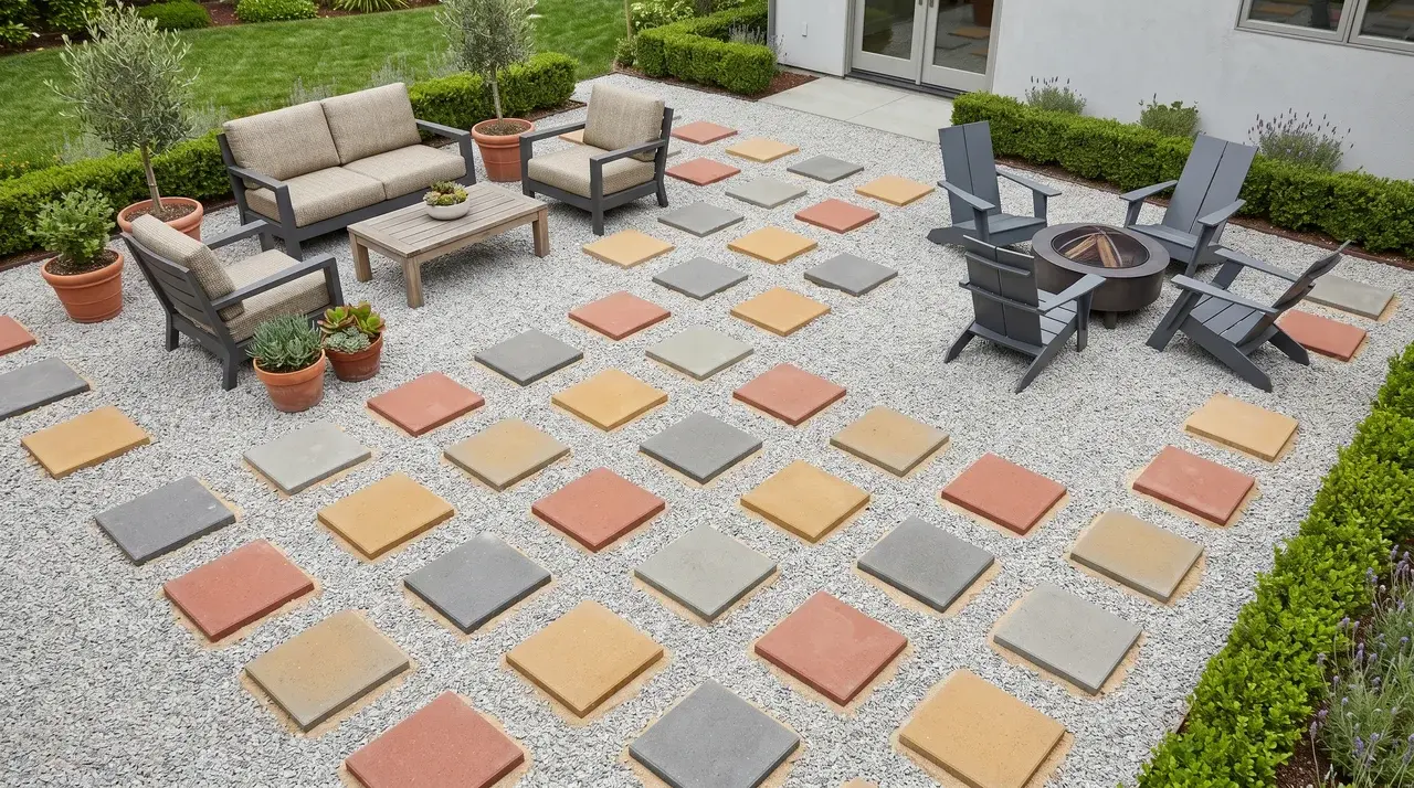 Uniform grid of concrete pavers spaced at walking intervals across a gravel patio surface
