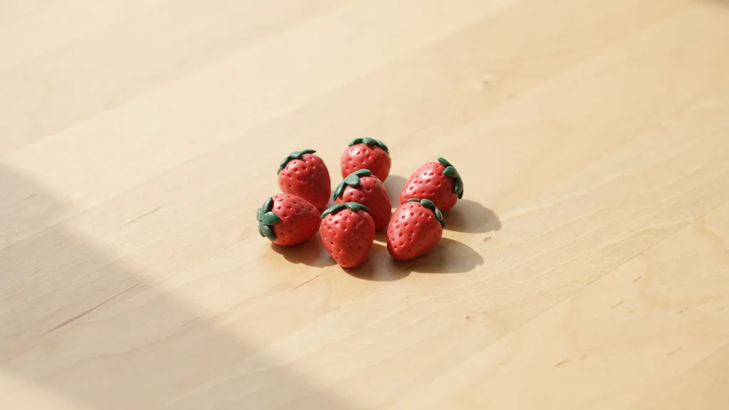 A set of tiny handmade polymer clay strawberry charms lying flat on a wooden table, with seed details and green leaf tops under soft natural light.