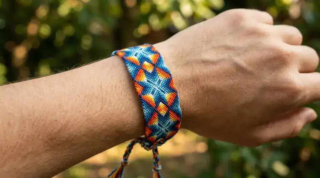 A wide Sunburst Bracelet with a blue and orange geometric diamond pattern worn on a wrist outdoors.