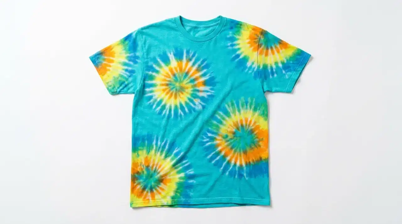 Turquoise tie dye shirt with multiple colorful sunburst designs scattered across the fabric