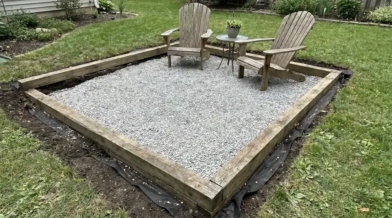 Sunken gravel area framed by timber retaining border with surrounding ground level visibly higher with furniture