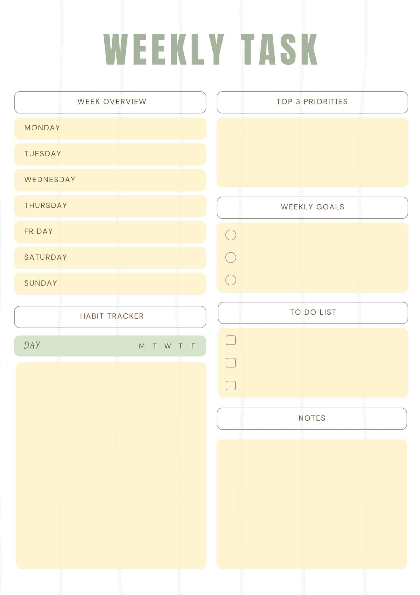 weekly task bullet journal layout with week overview top priorities habit tracker to do list and notes