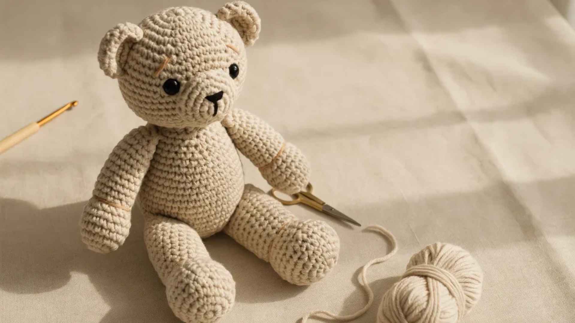 Crochet teddy bear amigurumi fully assembled showing sewn limbs head body parts on soft neutral fabric background