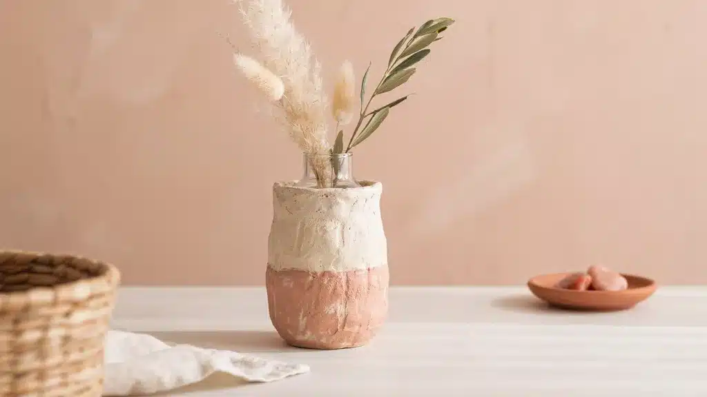 Handmade clay vase wrapped around jar form with textured surface patterns, smooth seams, decorative finish, designed for display use after removal from mold