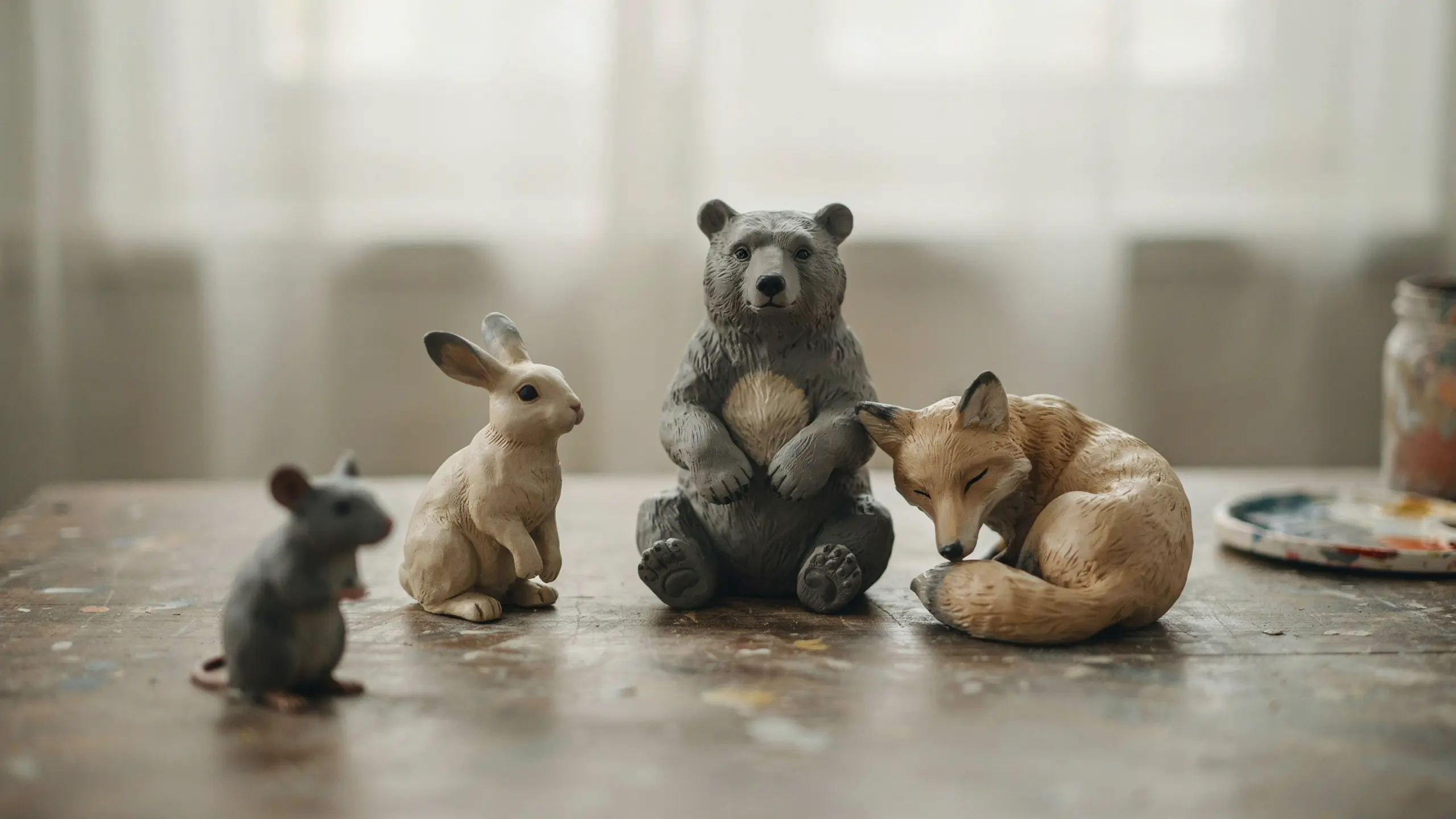 Clay animal figurines with rough stone-like texture and muted painted tones on wooden surface.