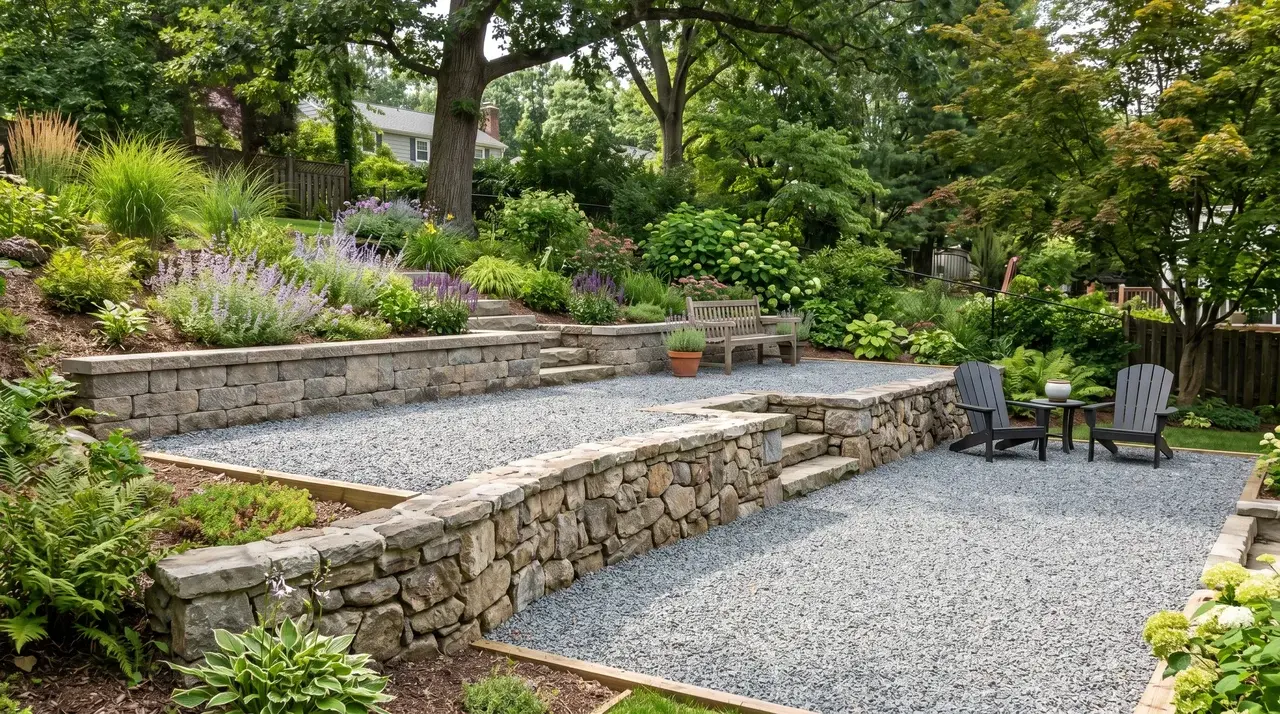 Two-tier gravel patio cut into a slope with retaining walls separating each level