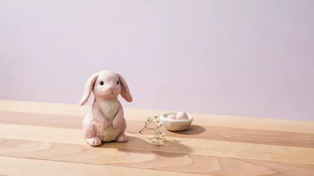 Soft pink and cream clay bunny figurine on wooden table with lavender background, bright lighting, realistic handmade aesthetic.