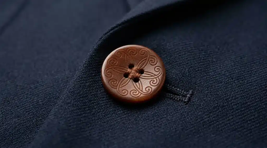 A round brown horn four-hole button with engraved filigree patterns sewn onto a dark navy blue suit jacket lapel.