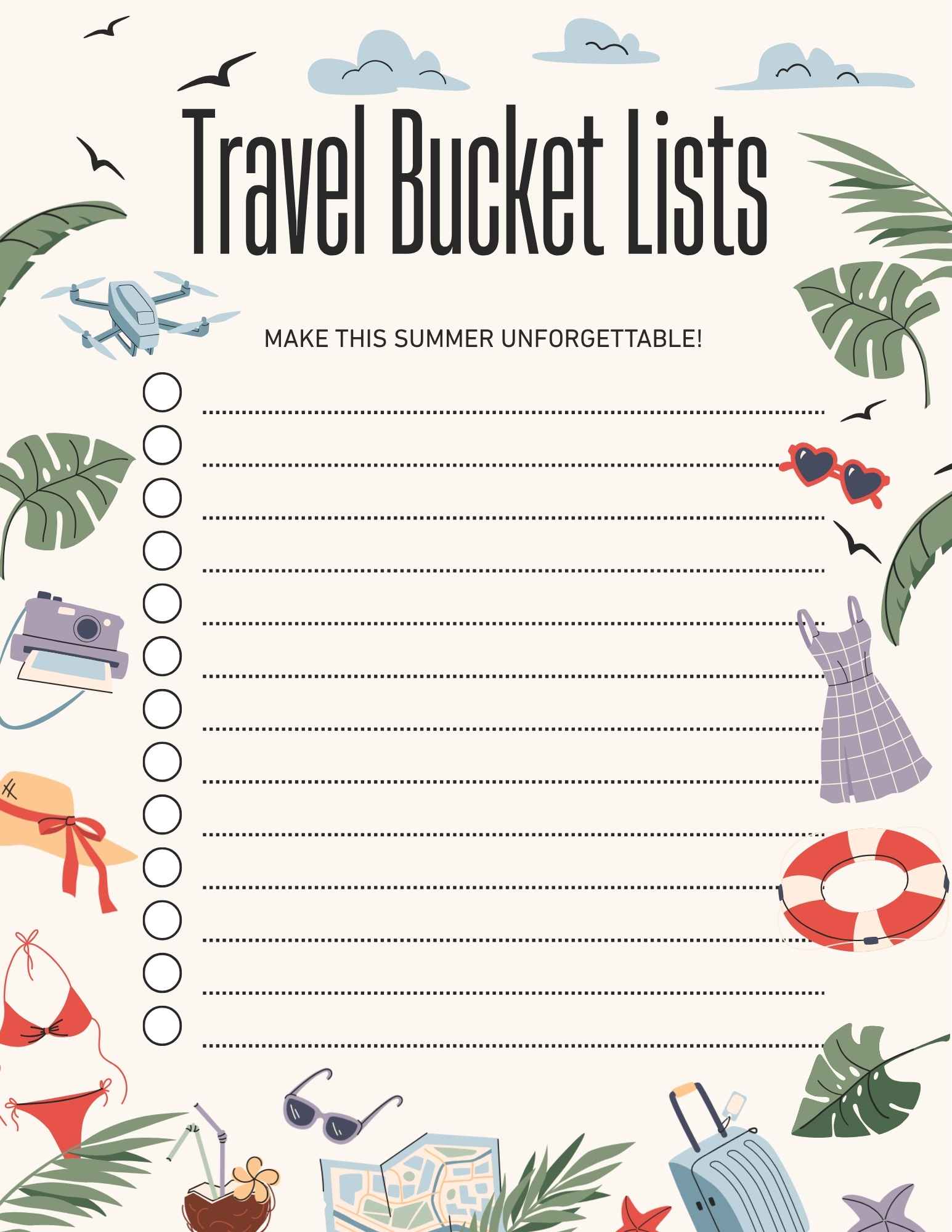 summer travel bullet journal page with checklist and illustrations of swimsuit, luggage, camera, sunglasses, and tropical leaves