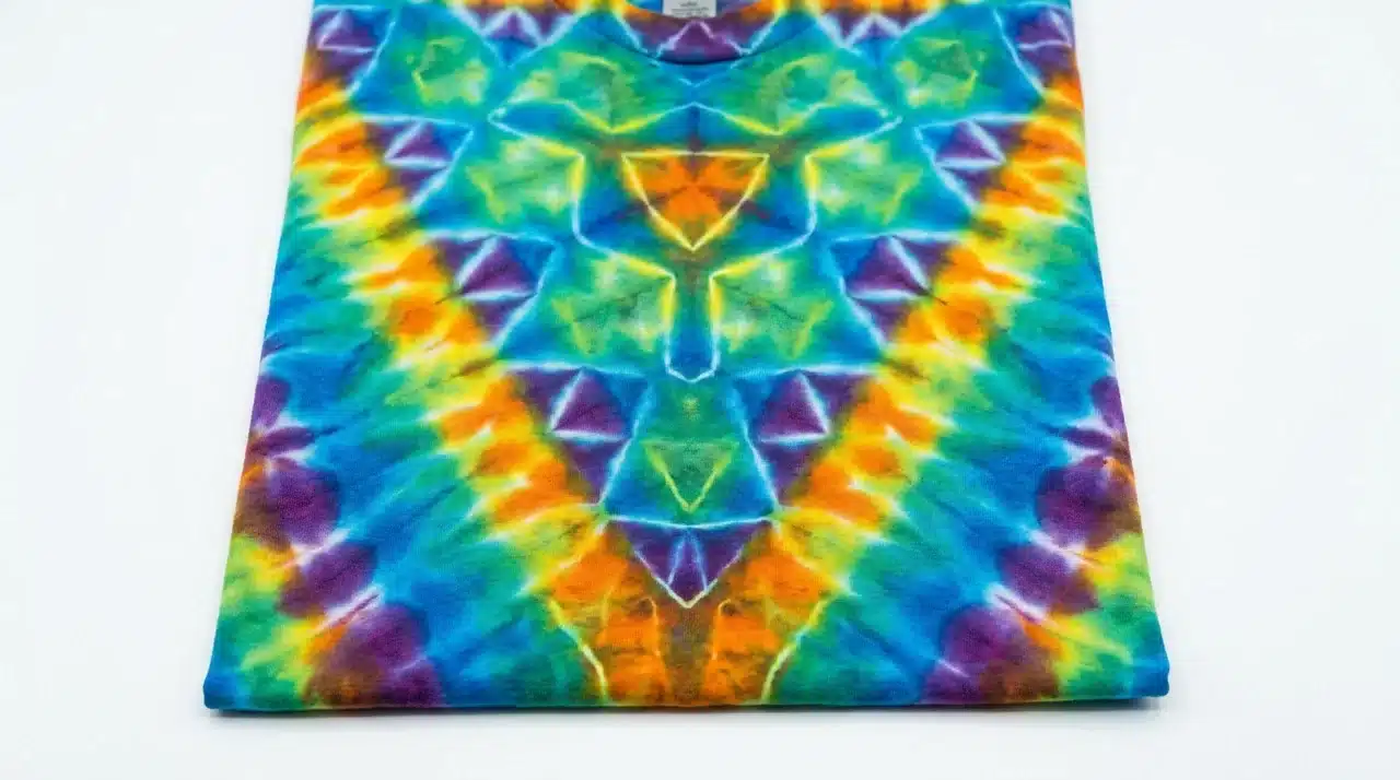 Tie dye shirt with geometric triangle fold pattern and colorful symmetrical shapes