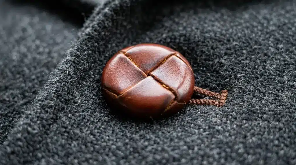A round brown braided leather button with a woven basketweave pattern.