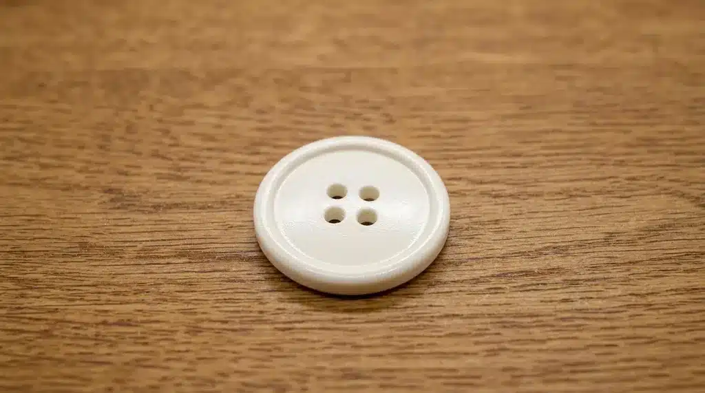 White four-hole button placed on a wooden surface, suitable for pants, shirts, and clothing repairs.