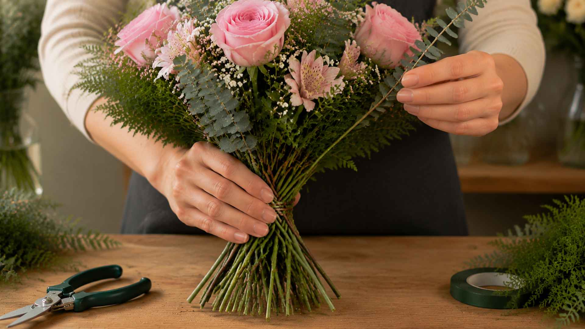Florist forming bouquet using spiral technique