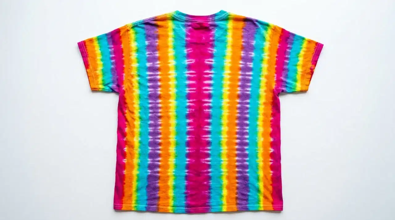 Tie dye shirt with vertical rainbow stripes creating a colorful symmetrical pattern
