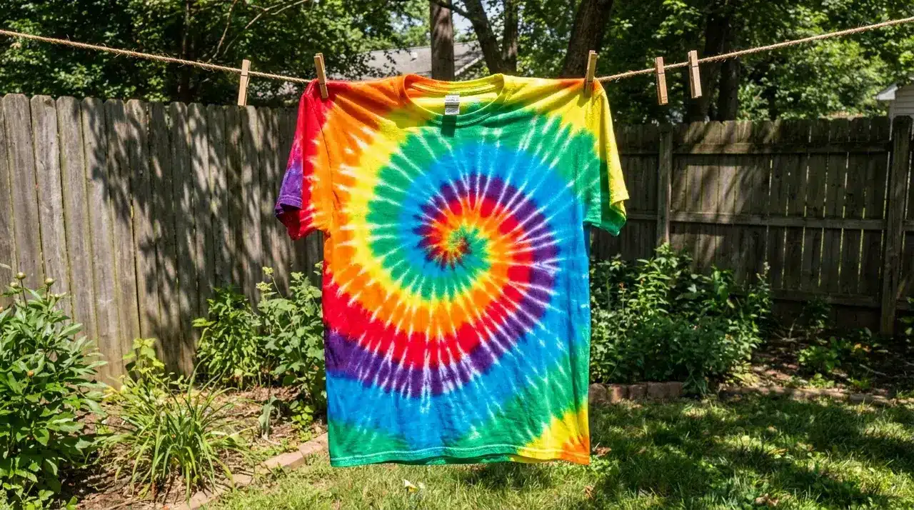 Finished rainbow tie-dye shirt hanging on a clothesline outdoors after washing and drying completely
