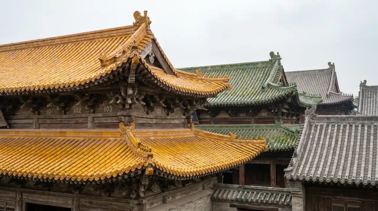 Close-up of traditional Chinese temple roofs showing yellow, green, and gray tiles with ornate eaves and intricate wooden brackets.
