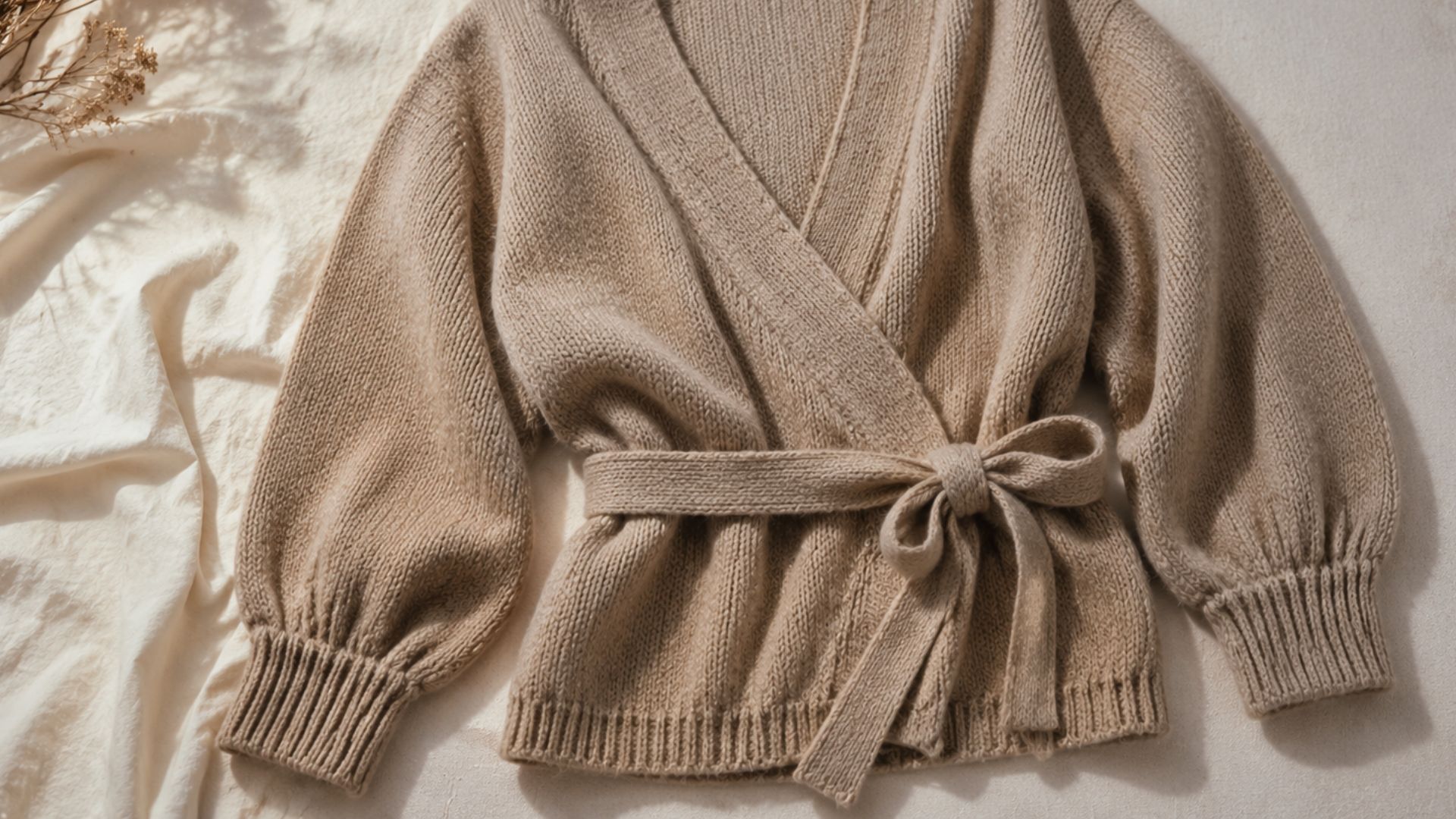 A wrap cardigan in a soft dusty rose tone, featuring a draped open-front design, a self-tie belt that cinches at the waist, and a flowing silhouette that falls to mid-thigh, styled over a fitted white top and tailored wide-leg trousers.