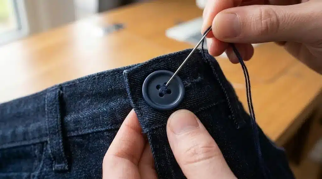 Hands sewing a blue four-hole button onto dark denim jeans using a needle and thread.