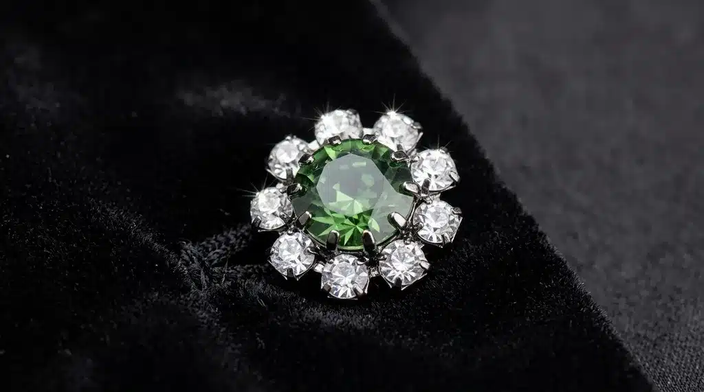 A decorative floral-shaped button featuring a large faceted green rhinestone center surrounded by a halo of smaller clear rhinestones.