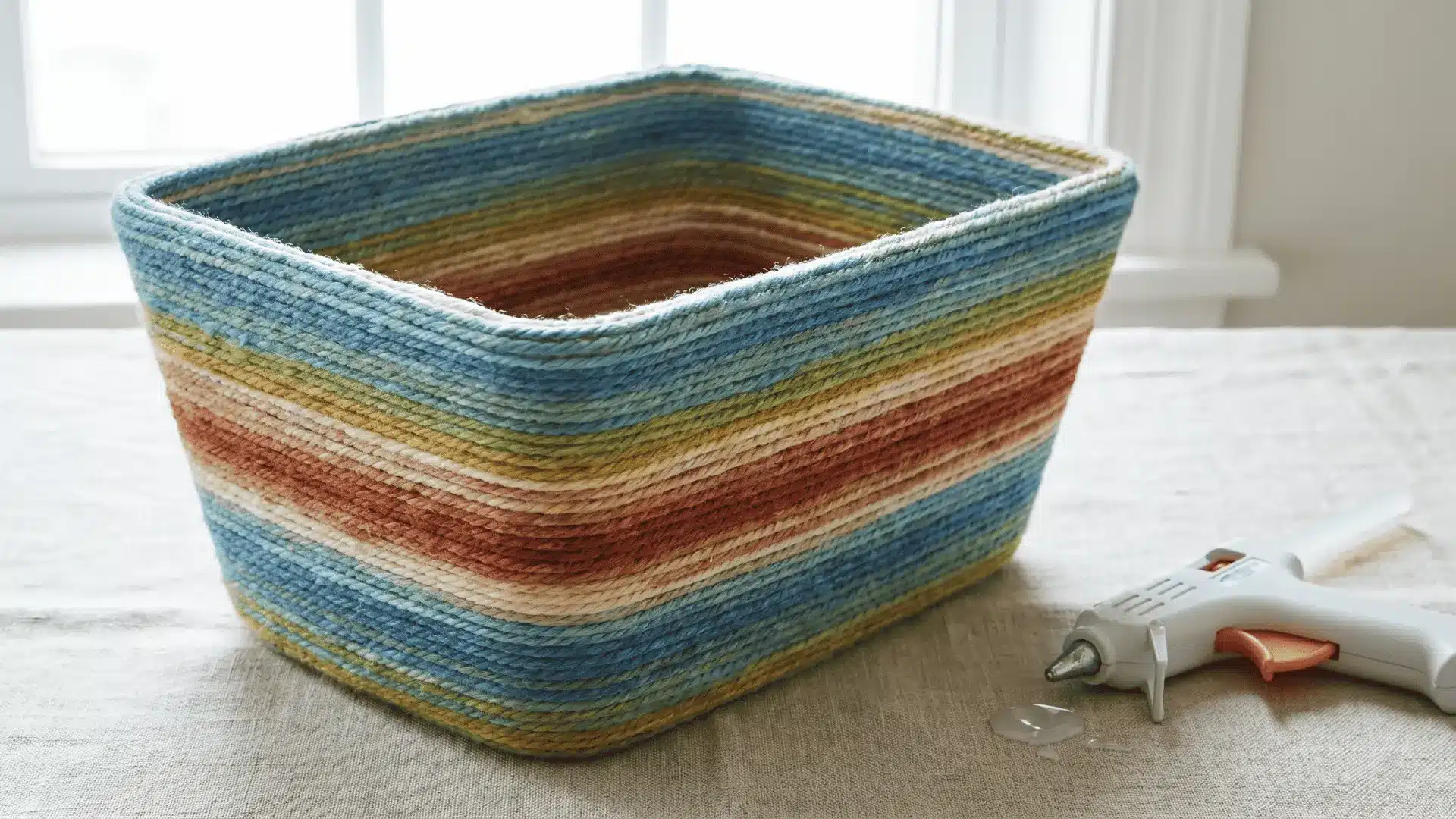 Medium storage basket wrapped in multicolored variegated yarn with tight rows, showing rich texture and color shifts on a neutral background.