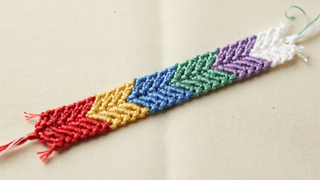 Zig zag friendship bracelet with bold geometric chevron blocks in multiple colors.