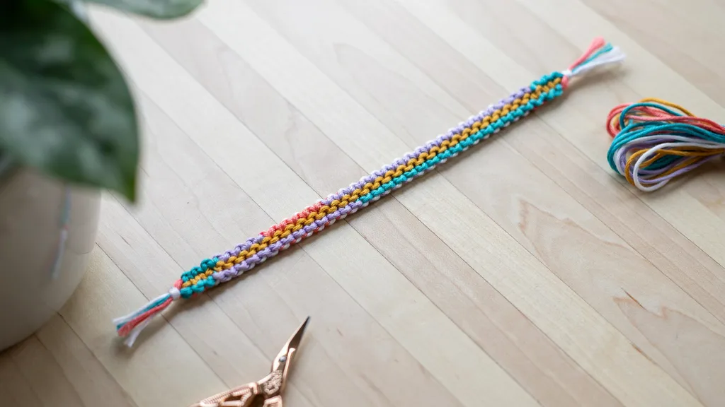 Colorful zipper friendship bracelet with interlocking woven design on a light wood surface.