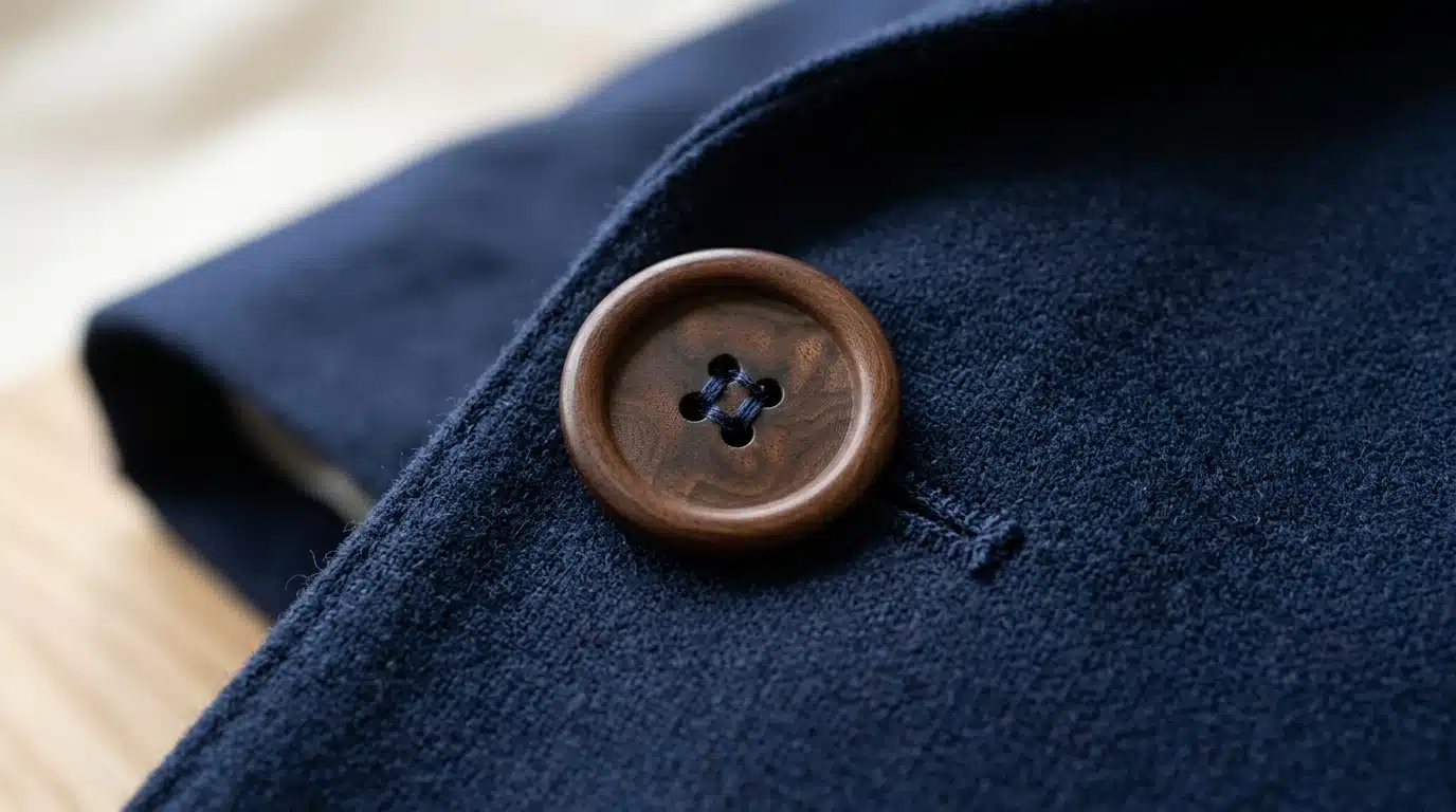 A round brown corozo four-hole button with a natural wood-grain texture sewn onto a dark navy blue textured jacket lapel.