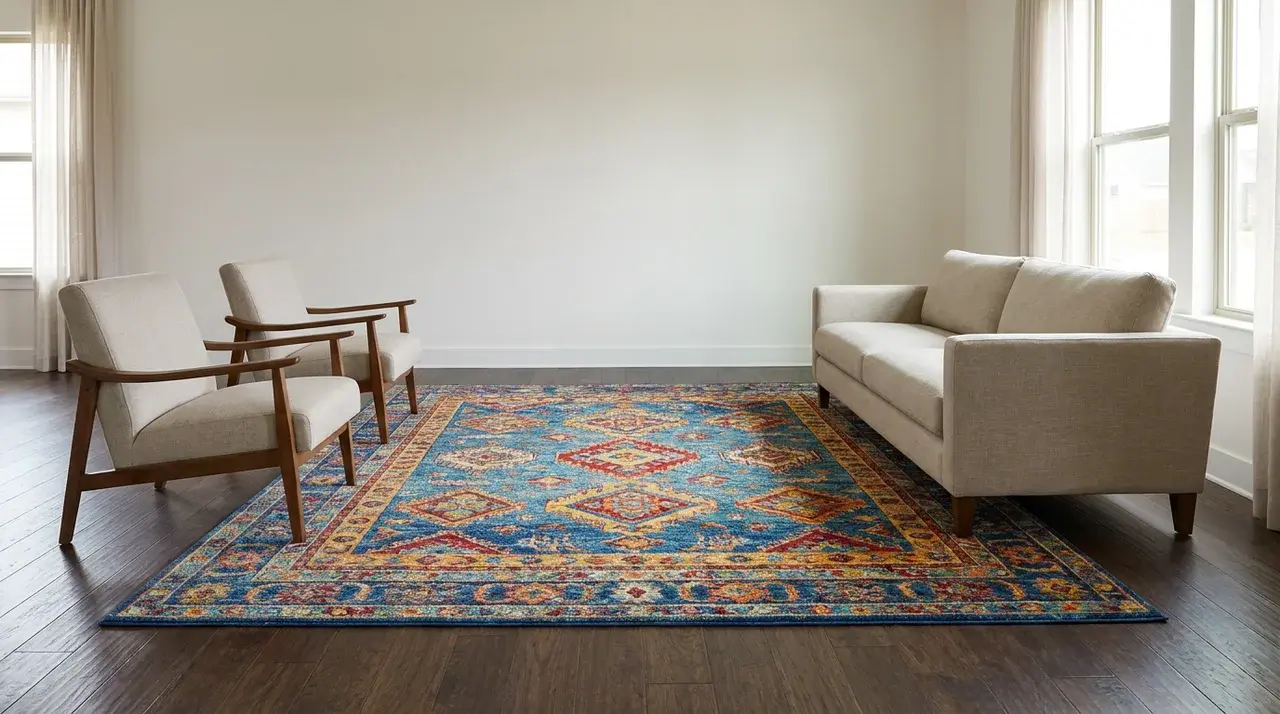 Sofa and two chairs with front legs on a large area rug, bare floor visible at edges