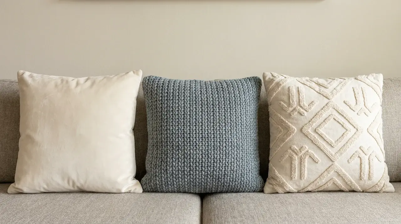 Three sofa pillows in two tones with smooth, woven, and raised-pattern textures arranged together