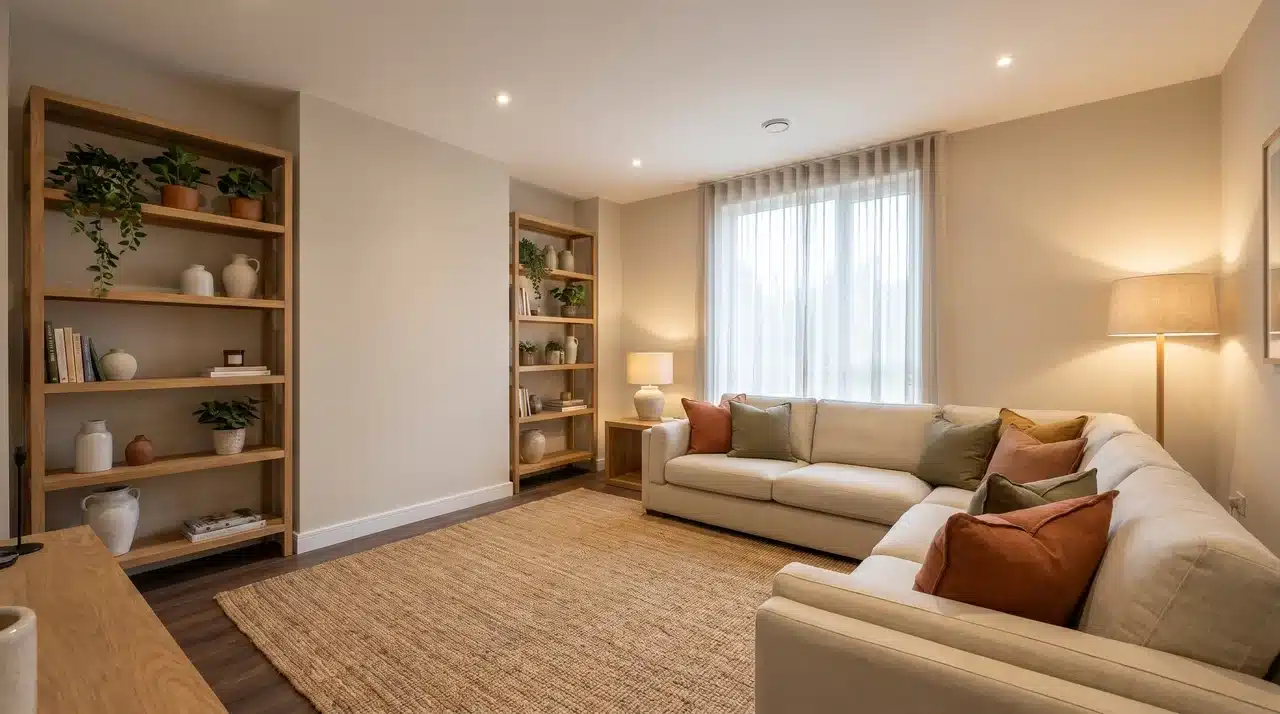 Modern living room with neutral walls, jute rug, wooden shelving, and sofa with earthy cushions under warm layered lighting