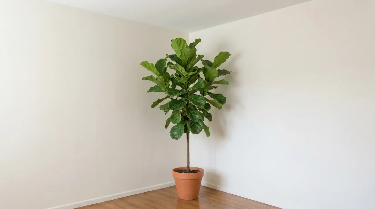 Single tall potted plant in bare room corner with height reaching toward ceiling
