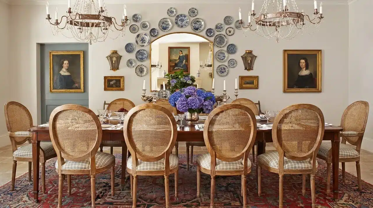 French country dining room with cane back chairs, farmhouse table, blue and white plates, and dual crystal chandeliers