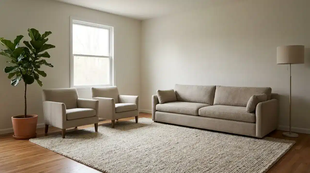 Living room with sofa and chairs anchored by a rug, floor lamp in corner, large potted plant beside seating area
