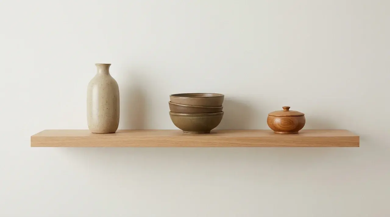 Wall shelf with three objects at varied heights arranged in an odd-numbered grouping