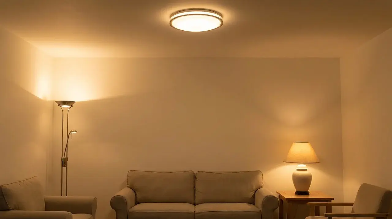 Living room with ceiling light, side table lamp, and corner floor lamp all lit with warm bulbs