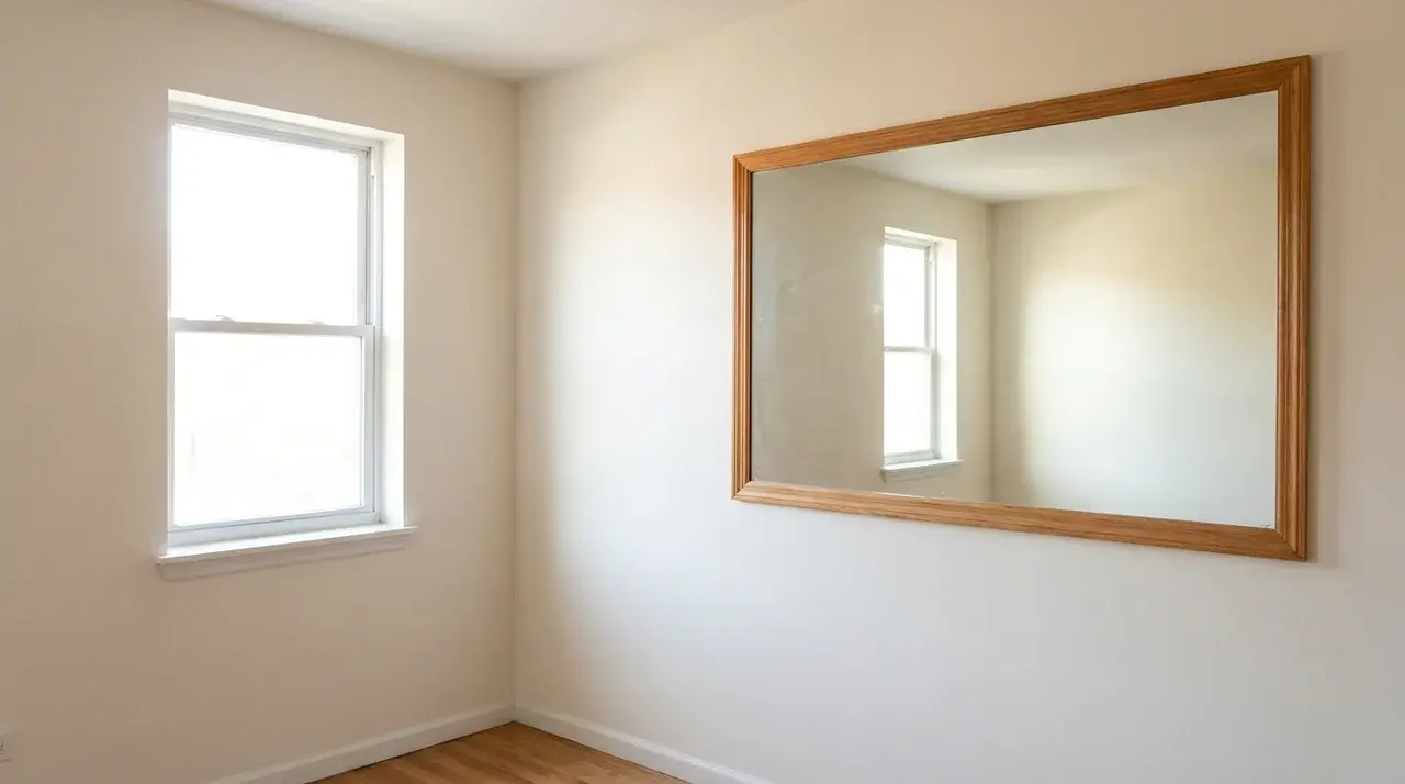 Large mirror on wall adjacent to window reflecting natural daylight into the room interior