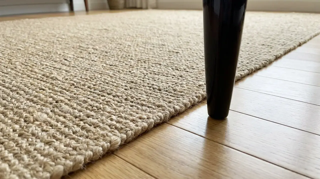 Jute rug on smooth floor beside lacquered furniture leg showing rough and smooth surface contrast