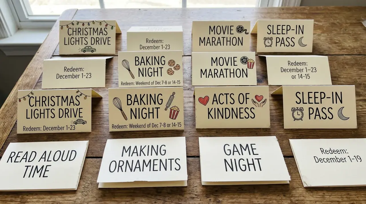 olded activity vouchers for advent calendars including lights drive, cookie night, movie, kindness acts, and sleep-in pass