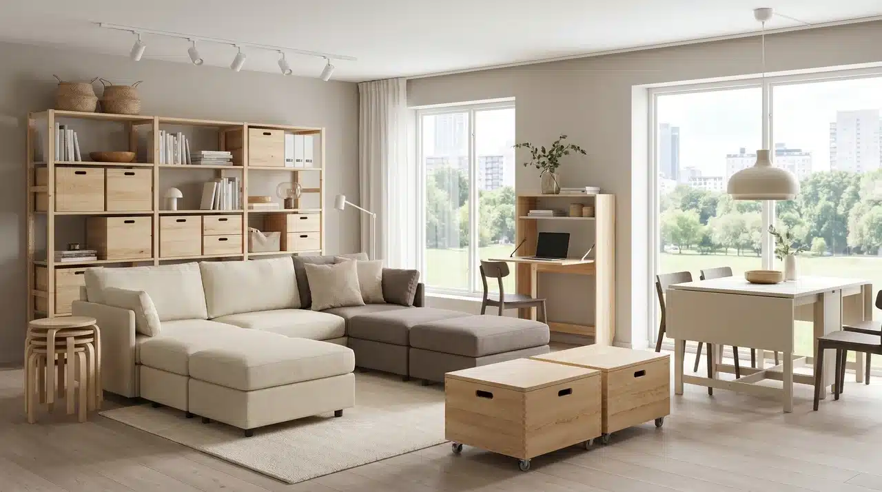 Adaptable room layout with modular furniture and neutral tones reflecting DrHomey interior design principles