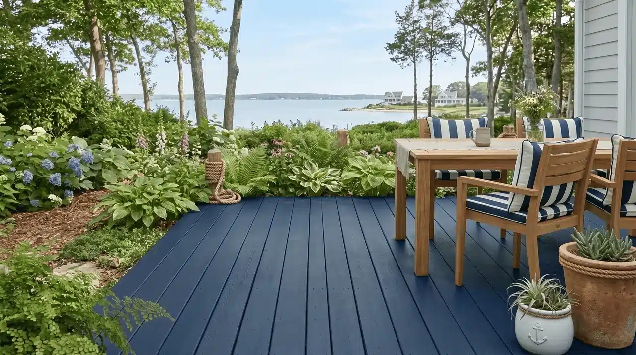 Bold navy painted deck with teak dining furniture and striped cushions overlooking a coastal inlet