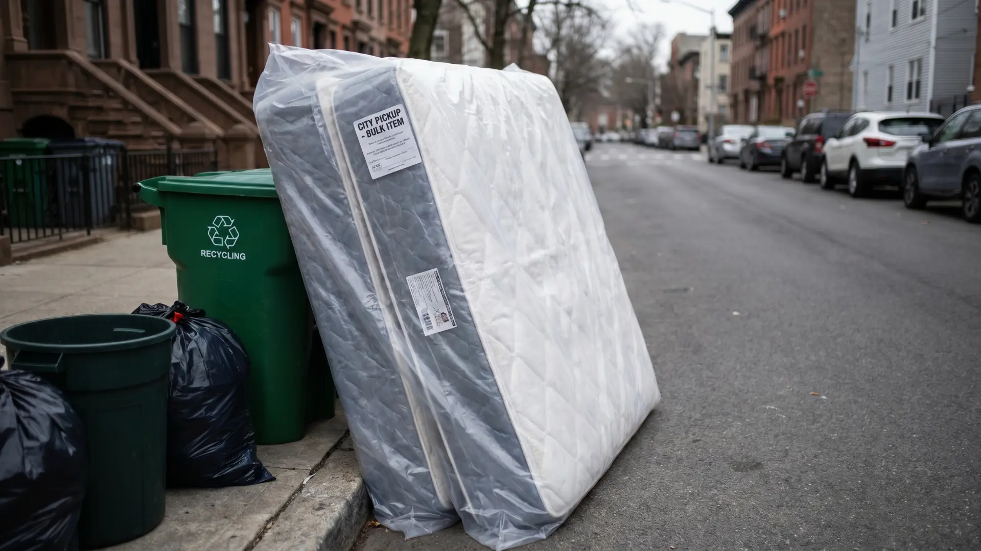 Mattress fully sealed in a plastic bag set at the curb for municipal pickup.