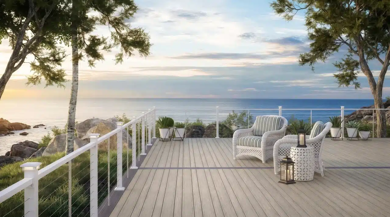 Light gray composite deck with white cable railing overlooking ocean at sunset on a coastal home