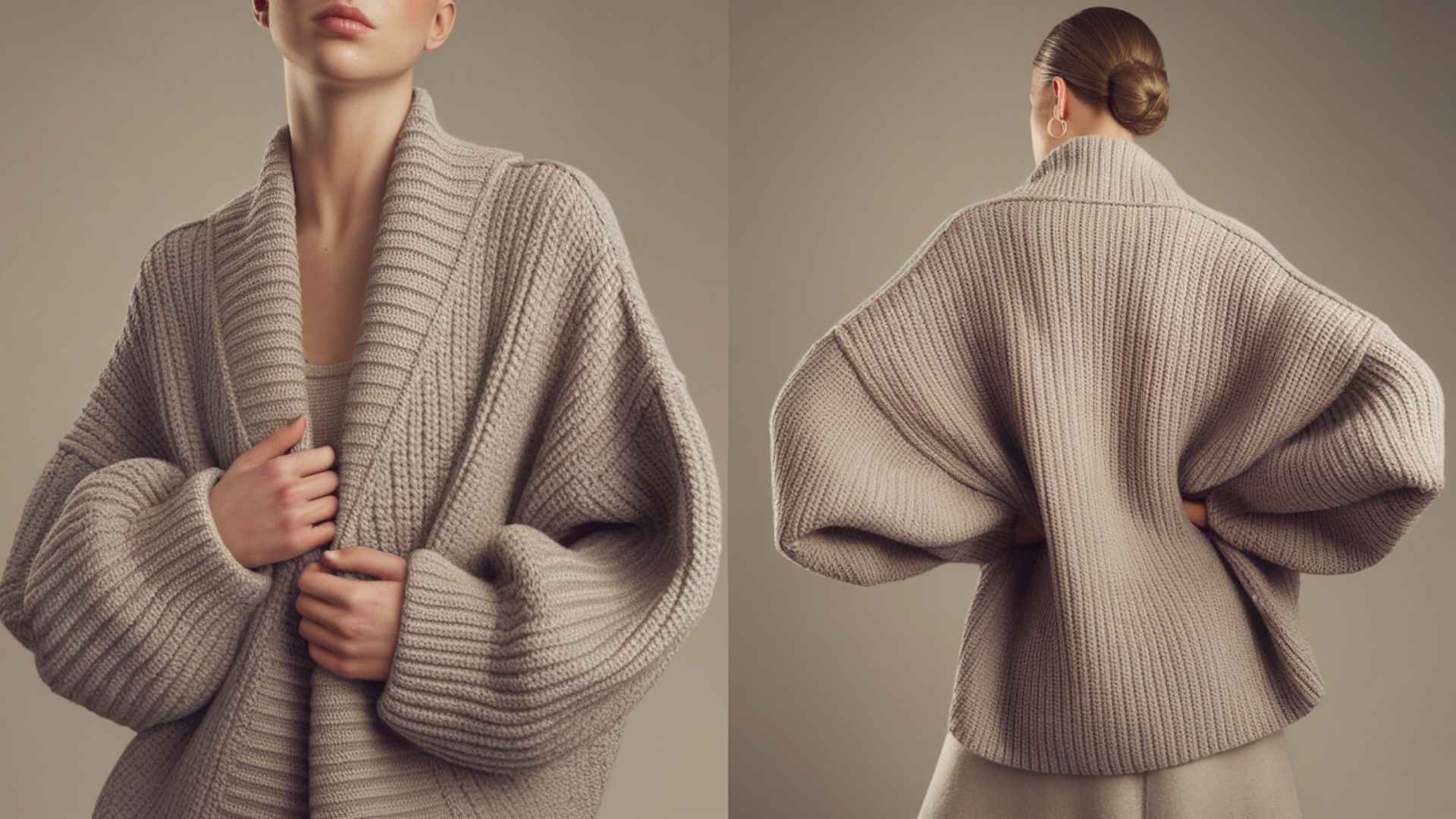 Waist-up model wearing an oversized cocoon crochet cardigan with soft drape and texture.