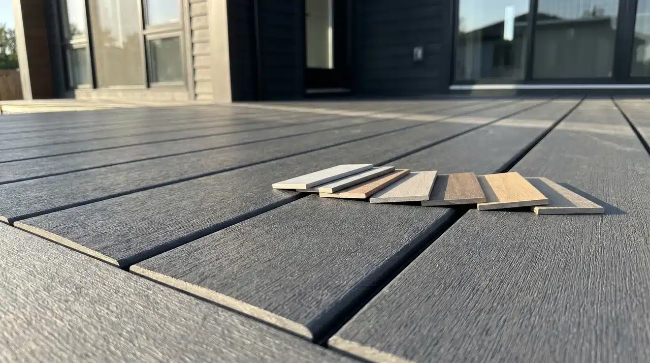 Charcoal composite deck boards with physical color sample chips laid out in natural sunlight