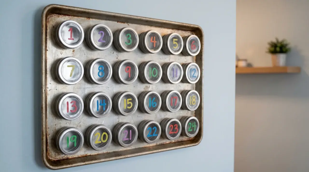 etal cookie sheet with small numbered magnetic containers arranged in a grid for a child-friendly advent calendar