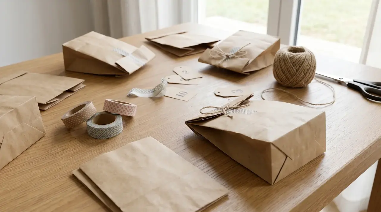 Kraft paper bags folded and ready with tape and twine for DIY advent calendar