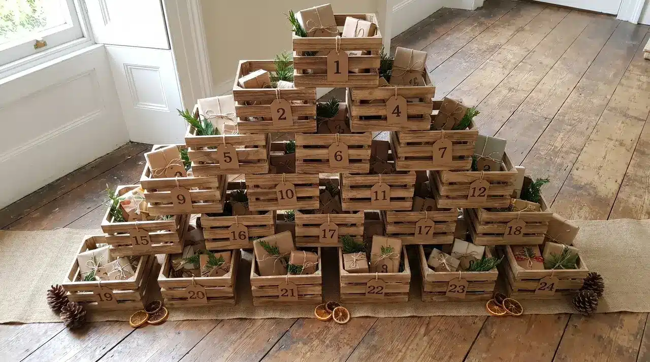Stacked crates numbered and ready to hold DIY advent calendar fillers