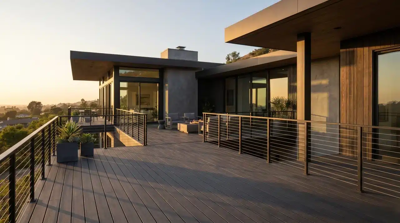 A dark deck with black metal cable railing on a modern home exterior