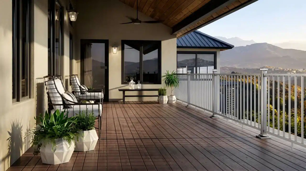 Warm brown wood deck with white railing and black metal chairs overlooking a mountain valley at sunset